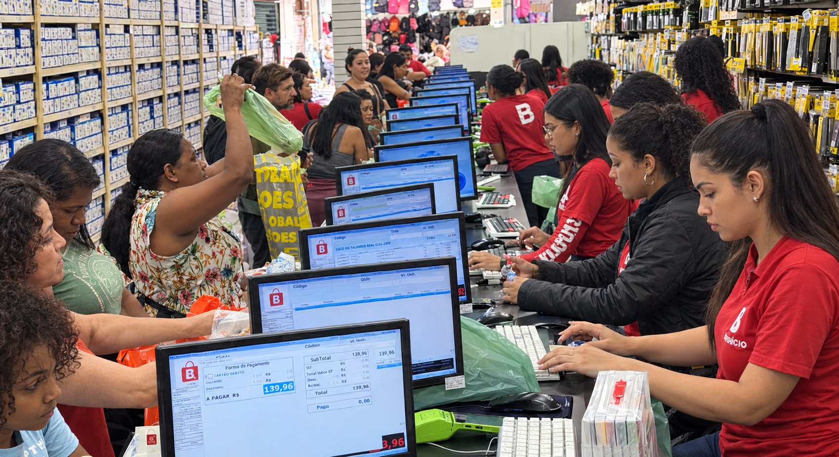 Fila movimentada nos caixas da loja com clientes sendo atendidos